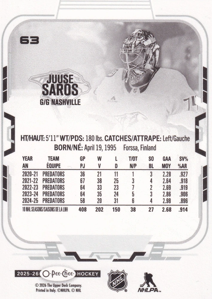 2025-26 UD O-Pee-Chee - Juuse Saros #63