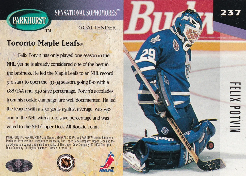 1993-94 Parkhurst - Felix Potvin - Sensational Sophomores #237