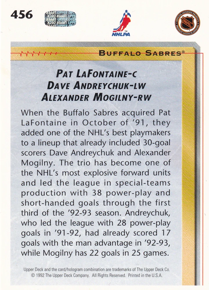1992-93 UD Series - Pat LaFontaine, Dave Andreychuk, Alexander Mogilny - Lethal Lines #456
