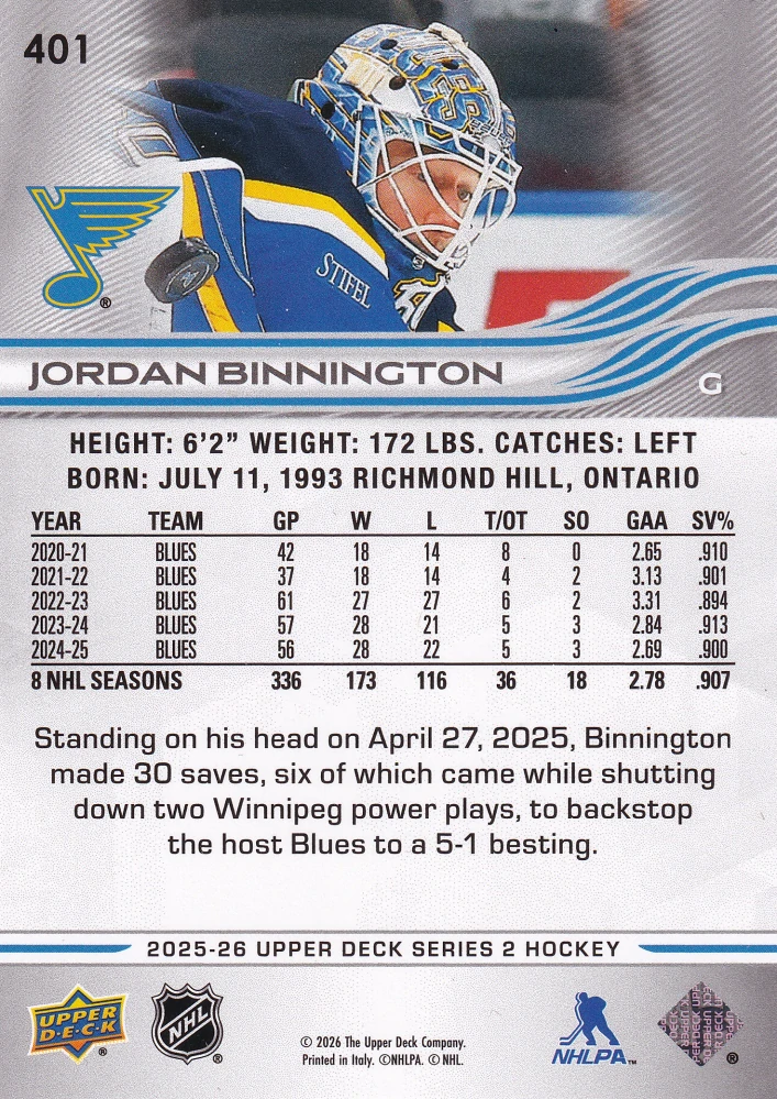 2025-26 UD Series 2 - Jordan Binnington #401