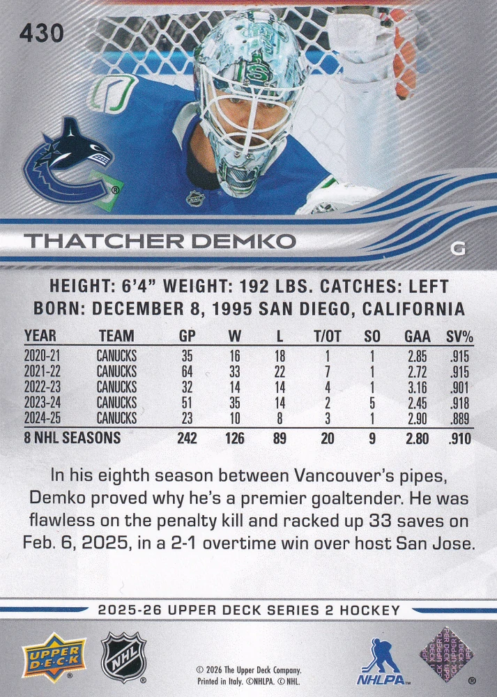 2025-26 UD Series 2 - Thatcher Demko #430