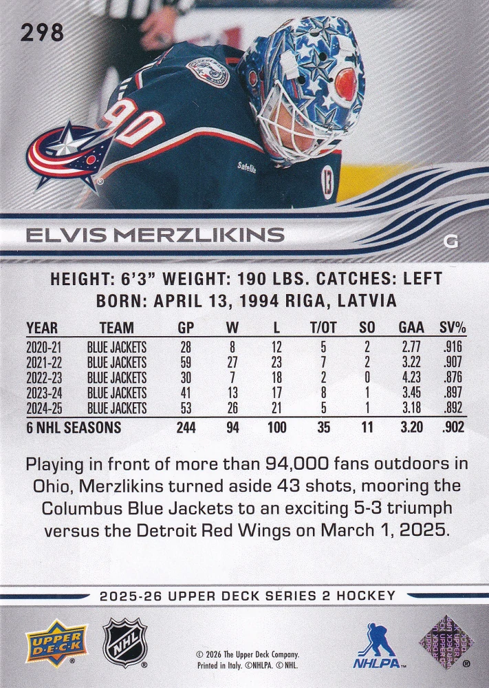 2025-26 UD Series 2 - Elvis Merzlikins #298