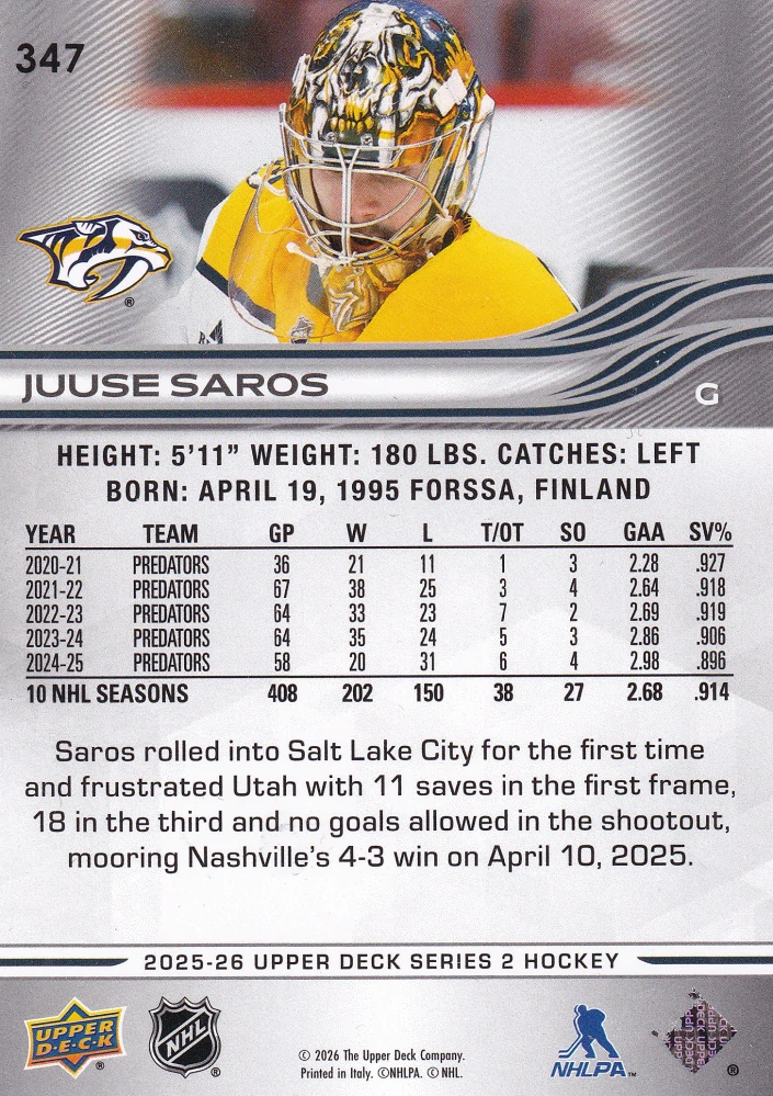 2025-26 UD Series 2 - Juuse Saros #347