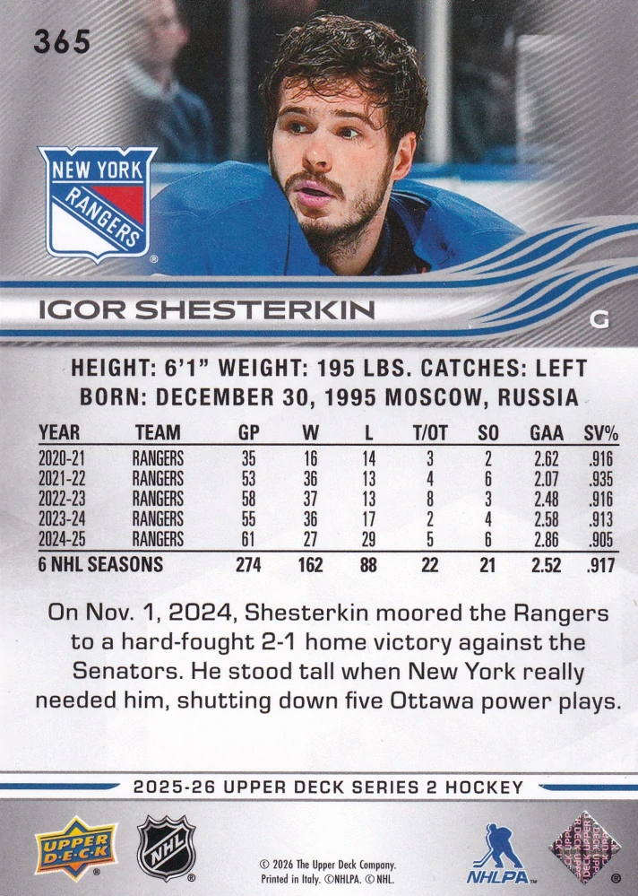 2025-26 UD Series 2 - Igor Shesterkin #365