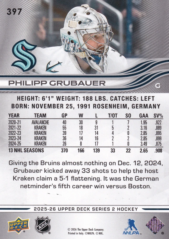 2025-26 UD Series 2 - Philipp Grubauer #397