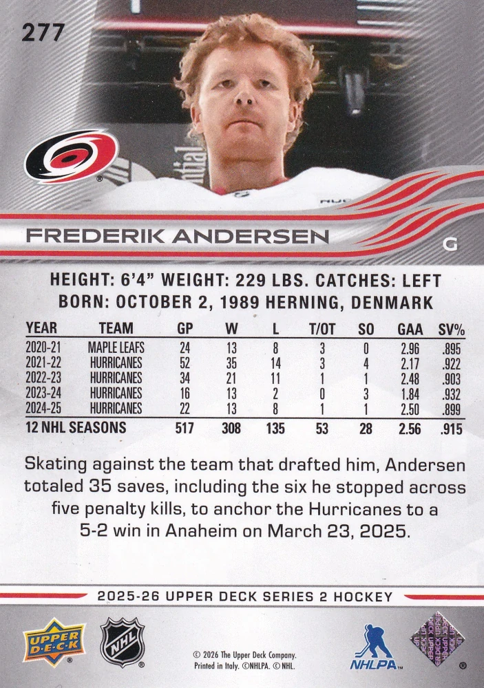 2025-26 UD Series 2 - Frederik Andersen #277