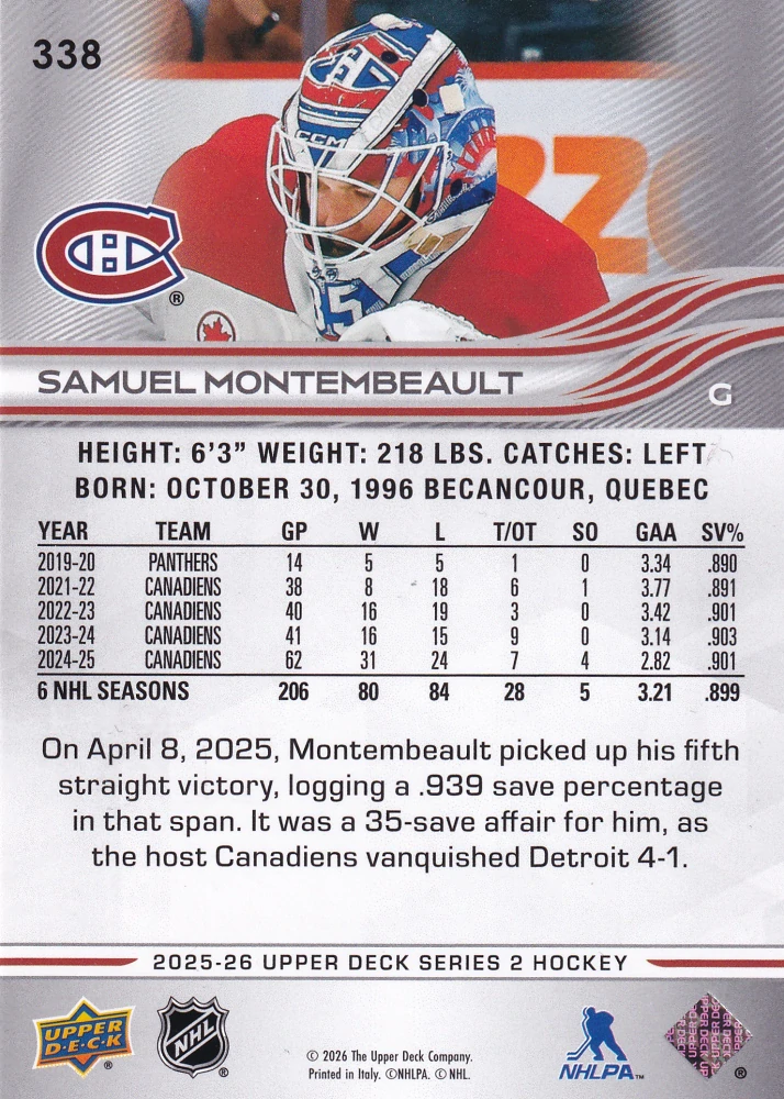 2025-26 UD Series 2 - Samuel Montembeault #338