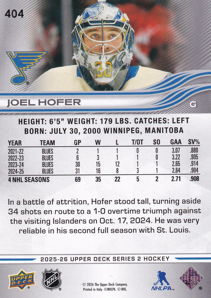 2025-26 UD Series 2 - Joel Hofer #404