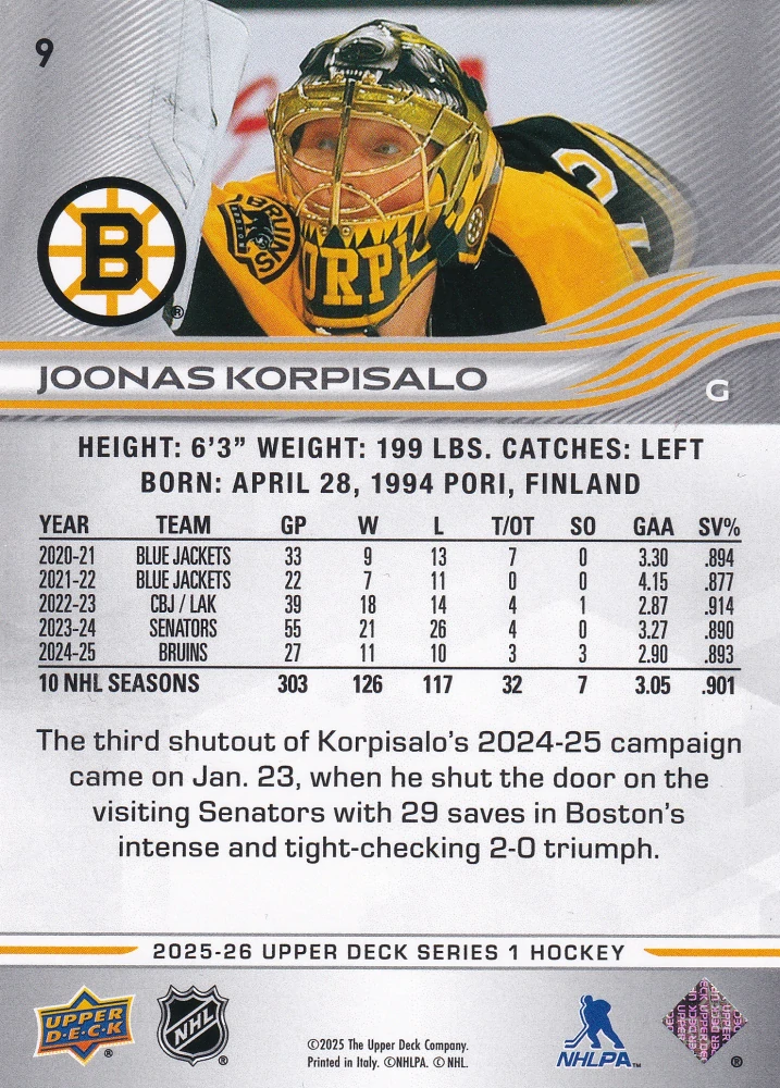 2025-26 UD Series 1 - Joonas Korpisalo #9
