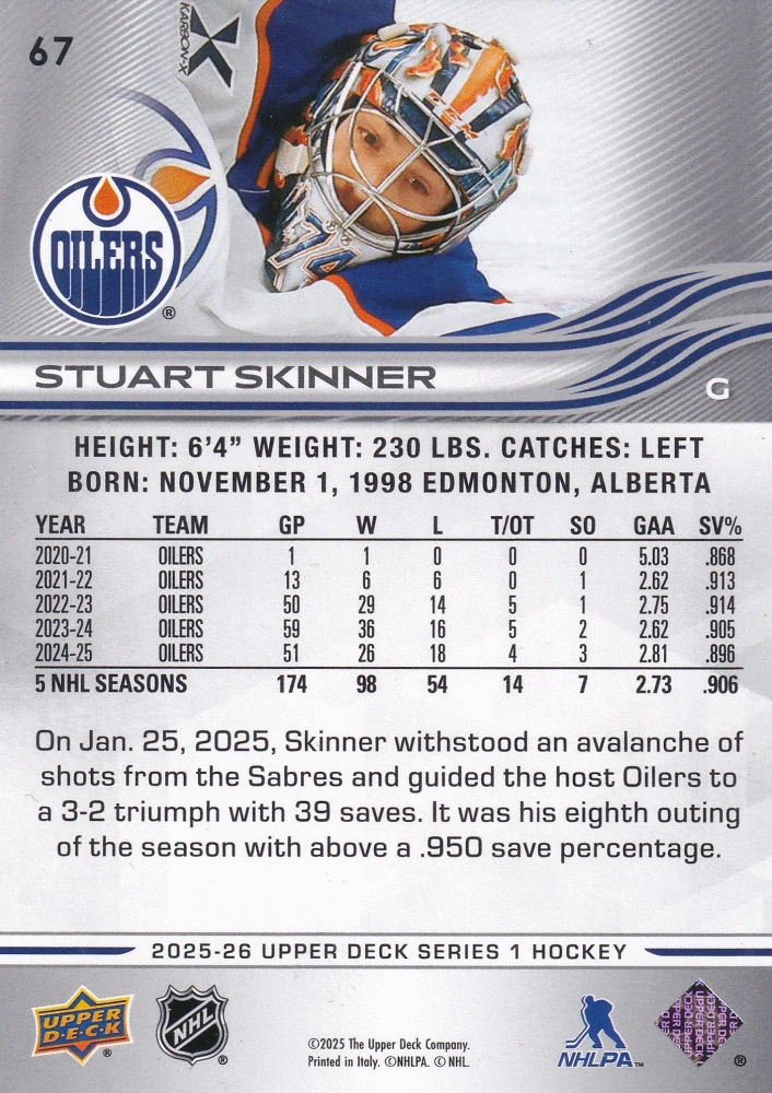 2025-26 UD Series 1 - Stuart Skinner #67