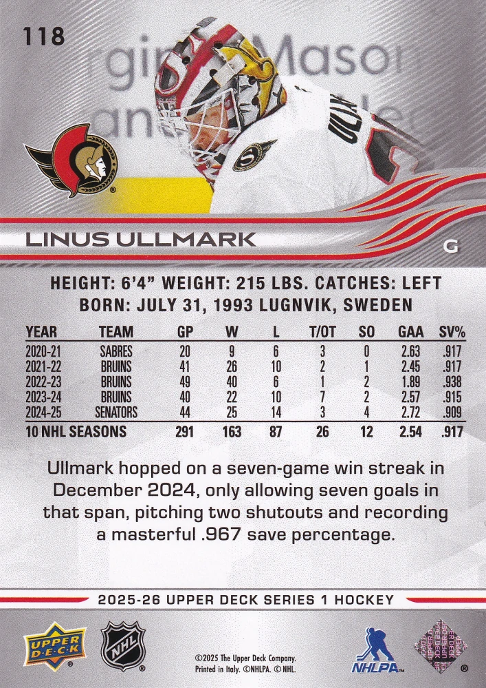 2025-26 UD Series 1 - Linus Ullmark #118