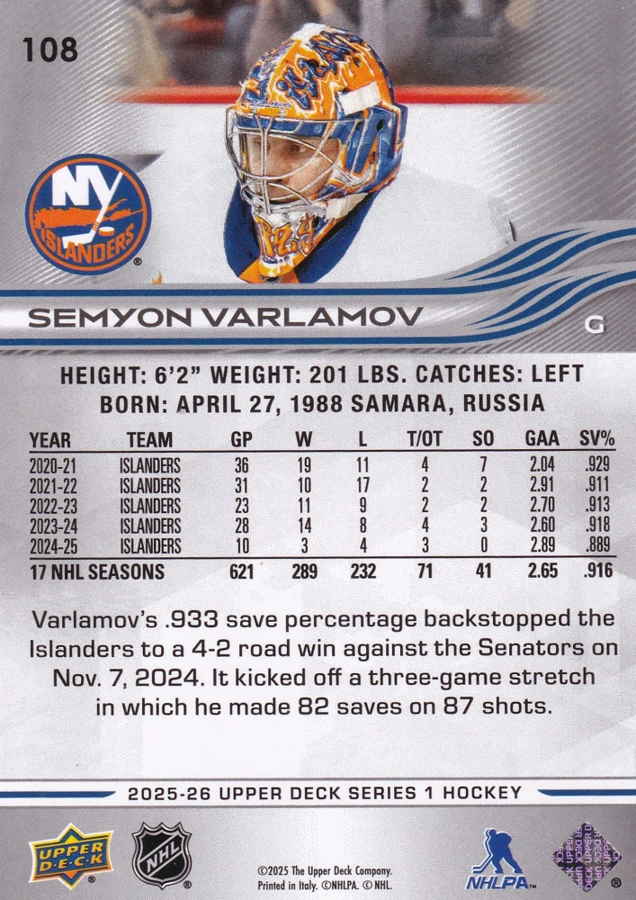 2025-26 UD Series 1 - Semyon Varlamov #108