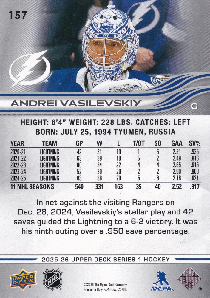2025-26 UD Series 1 - Andrei Vasilevskiy #157