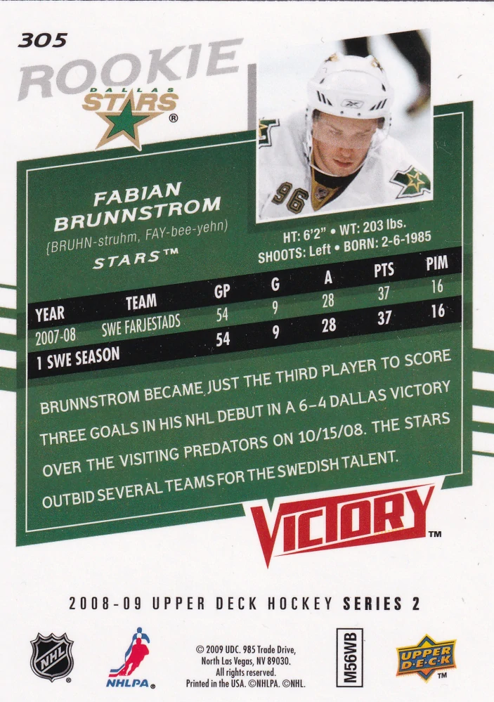 2008-09 UD Series 2 - Fabian Brunnstrom - Victory Update #305