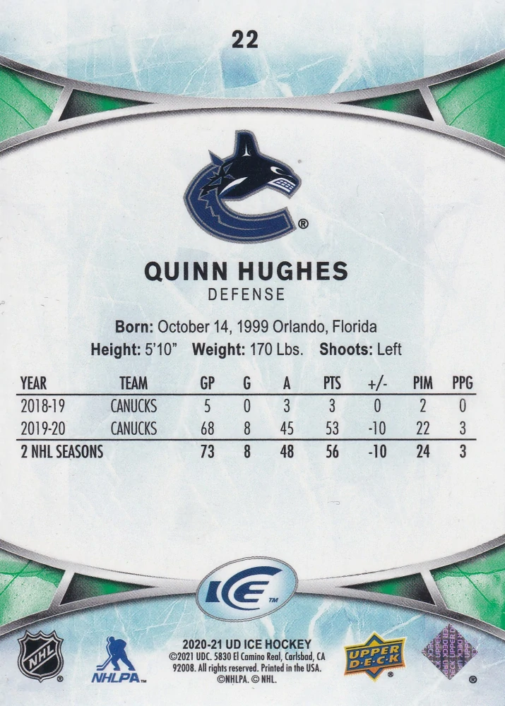 2020-21 UD Ice - Quinn Hughes - Green #22