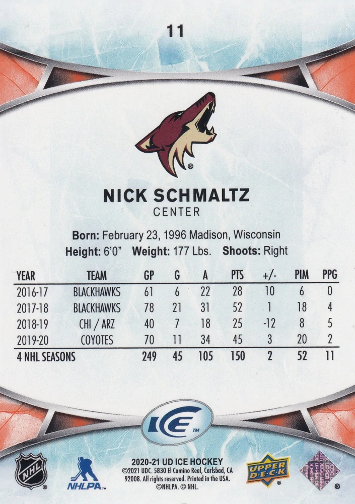 2020-21 UD Ice - Nick Schmaltz - Orange #11