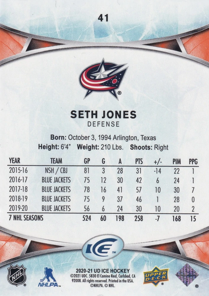 2020-21 UD Ice - Seth Jones - Orange #41