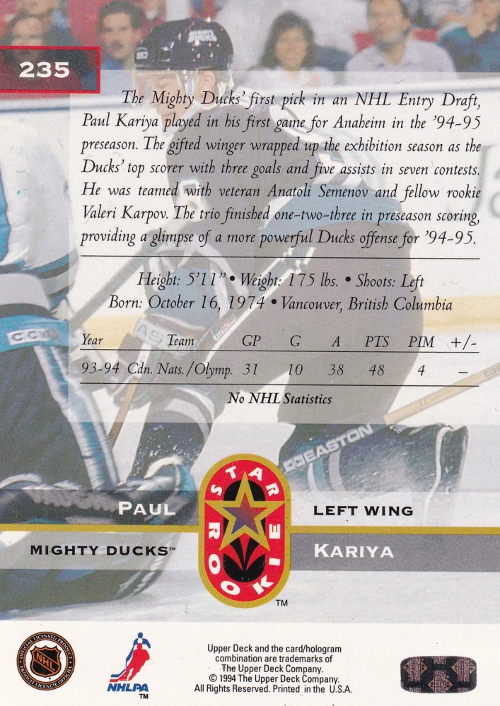 1994-95 UD Series 1 - Paul Kariya - Star Rookie #235