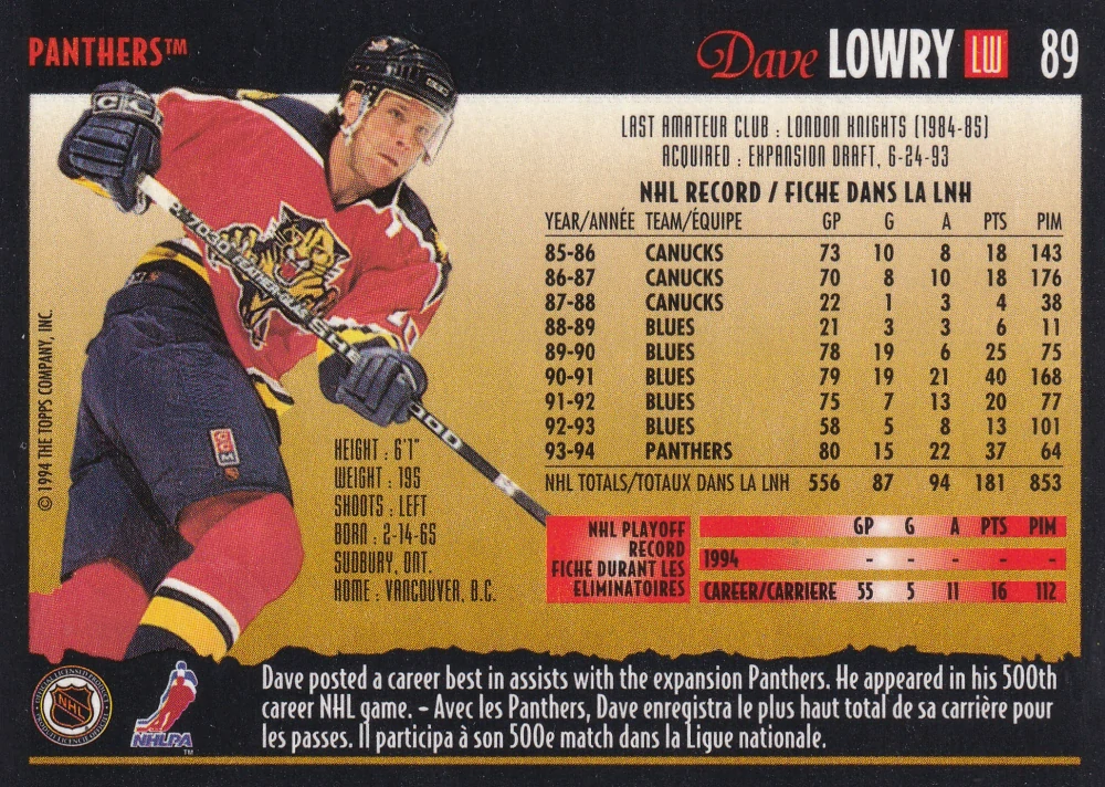 1994-95 O-Pee-Chee Premier - Dave Lowry #89