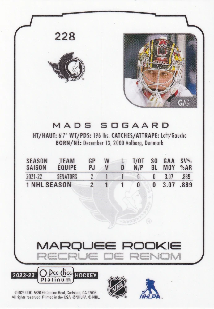 2022-23 UD O-Pee-Chee Platinum - Mads Sogaard - Marquee Rookie #228