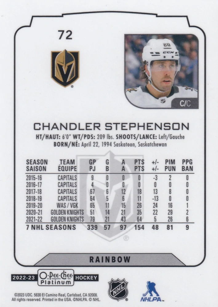 2022-23 UD O-Pee-Chee Platinum - Chandler Stephenson - Rainbow #72