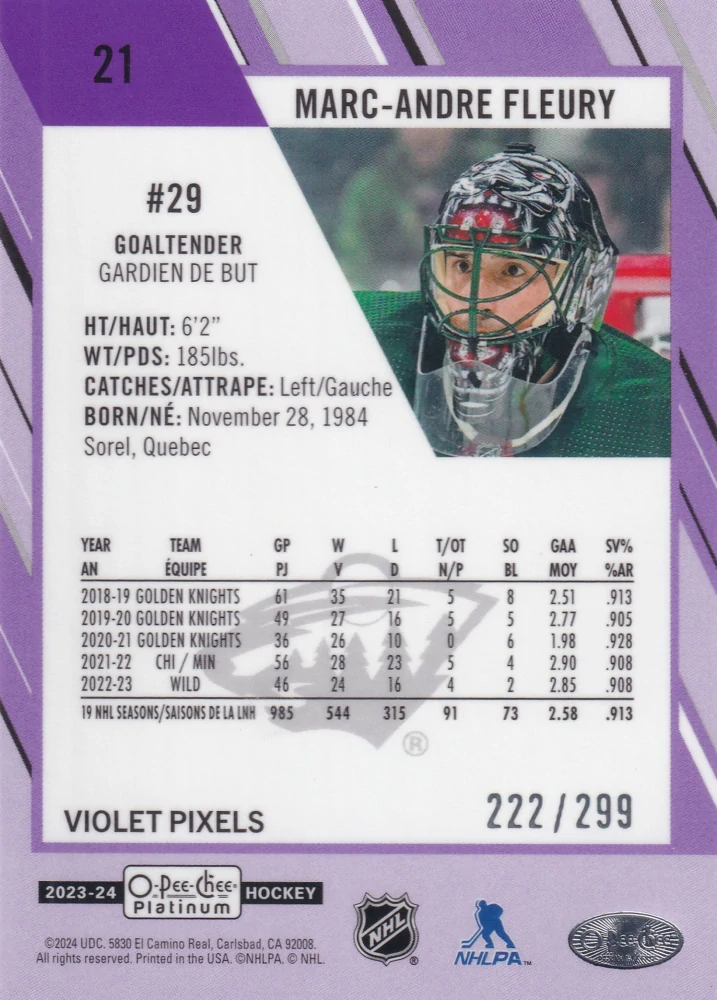 2023-24 UD O-Pee-Chee Platinum - Marc-Andre Fleury - Violet Pixels /299 #21