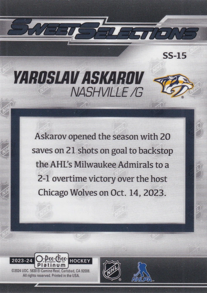 2023-24 UD O-Pee-Chee Platinum - Yaroslav Askarov - Sweet Selections #SS-15