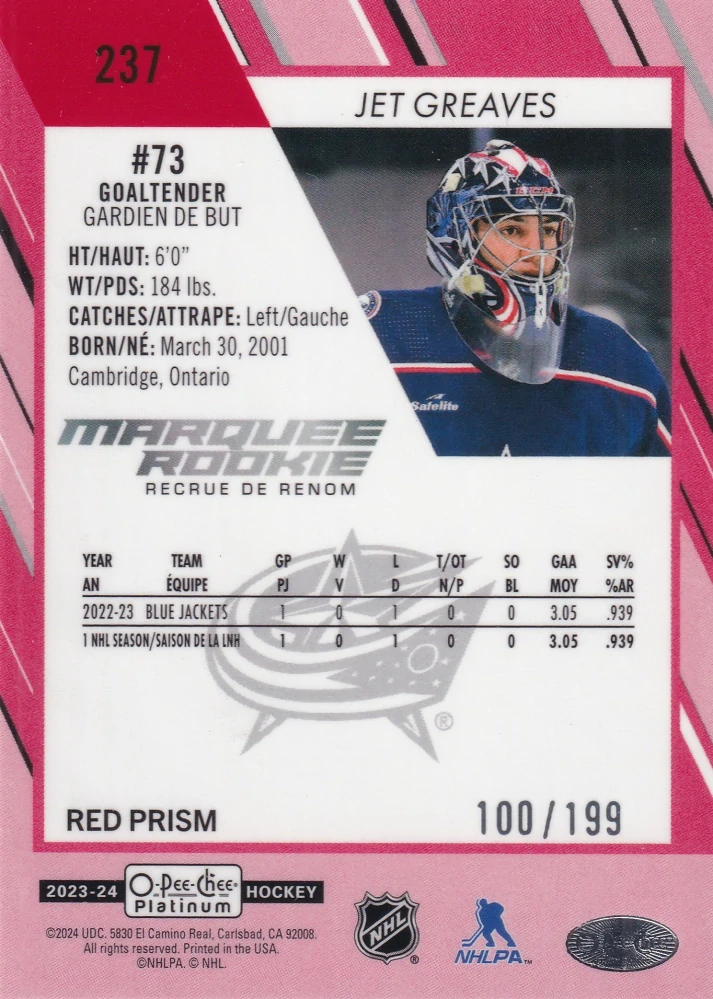 2023-24 UD O-Pee-Chee Platinum - Jet Greaves - Marquee Rookie Red Prism /199 #237