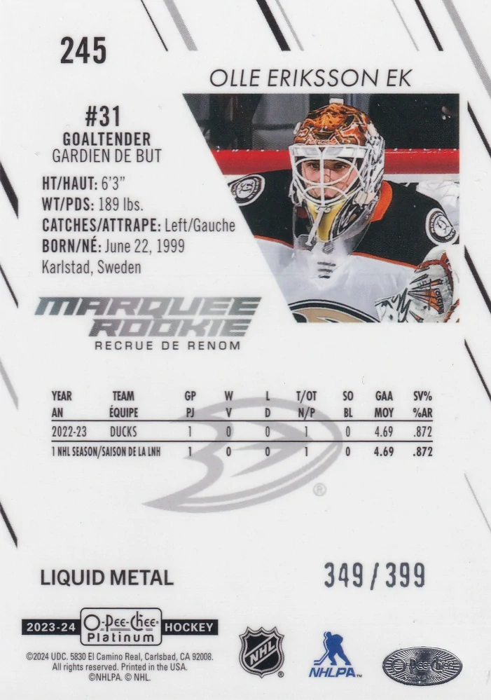 2023-24 UD O-Pee-Chee Platinum - Olle Eriksson Ek - Marquee Rookie Liquid Metal /399 #245