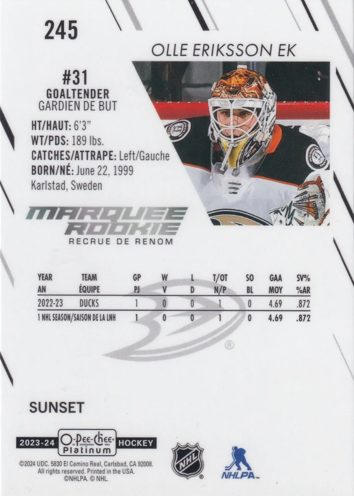 2023-24 UD O-Pee-Chee Platinum - Olle Eriksson Ek - Marquee Rookie Sunset #245