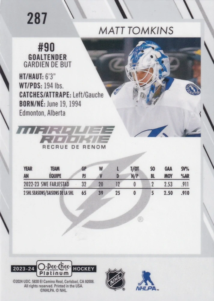 2023-24 UD O-Pee-Chee Platinum - Matt Tomkins - Marquee Rookie #287
