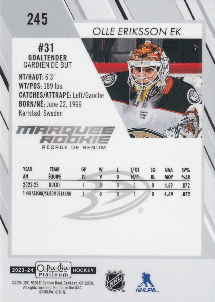 2023-24 UD O-Pee-Chee Platinum - Olle Eriksson Ek - Marquee Rookie #245