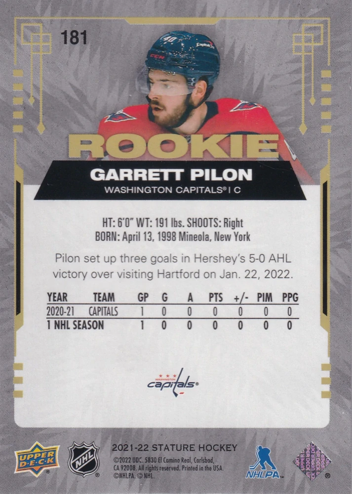 2021-22 UD Stature - Garrett Pilon - Rookie /399 #181