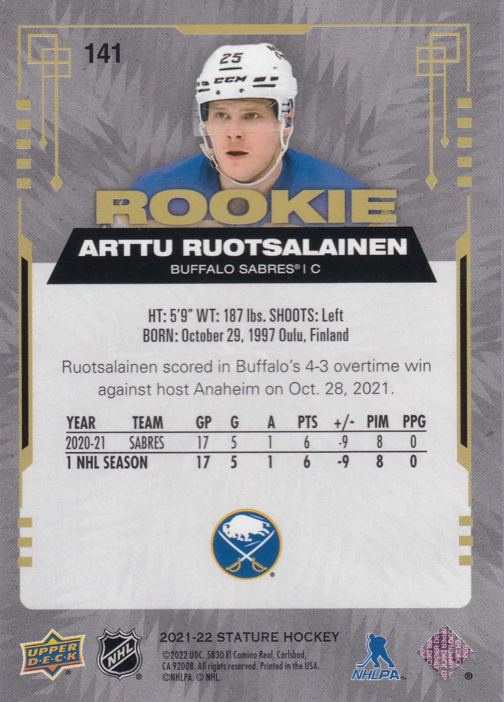 2021-22 UD Stature - Arttu Ruotsalainen - Rookie /399 #141