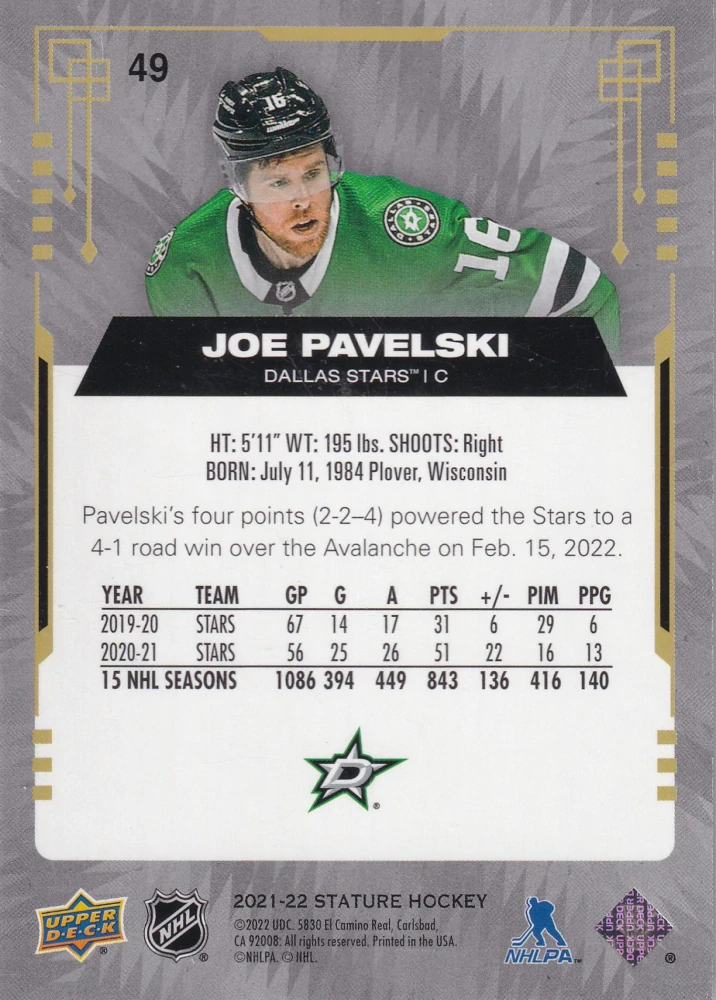 2021-22 UD Stature - Joe Pavelski - Green /149 #49