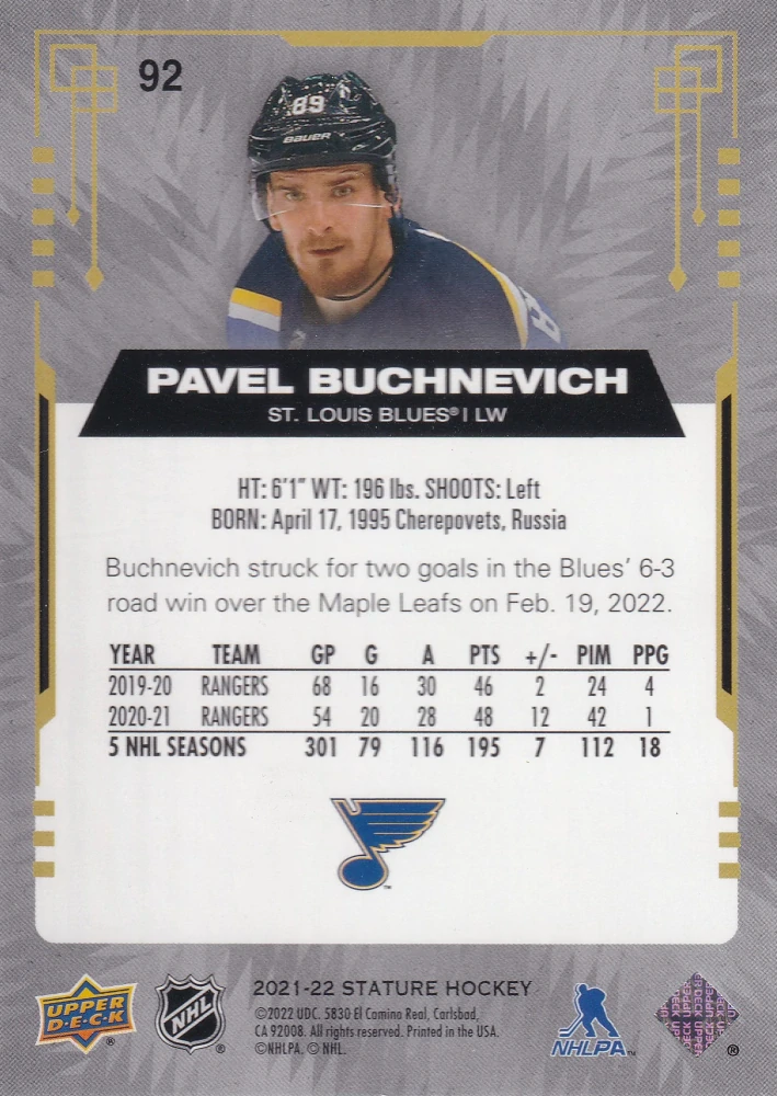 2021-22 UD Stature - Pavel Buchnevich - Green /149 #92