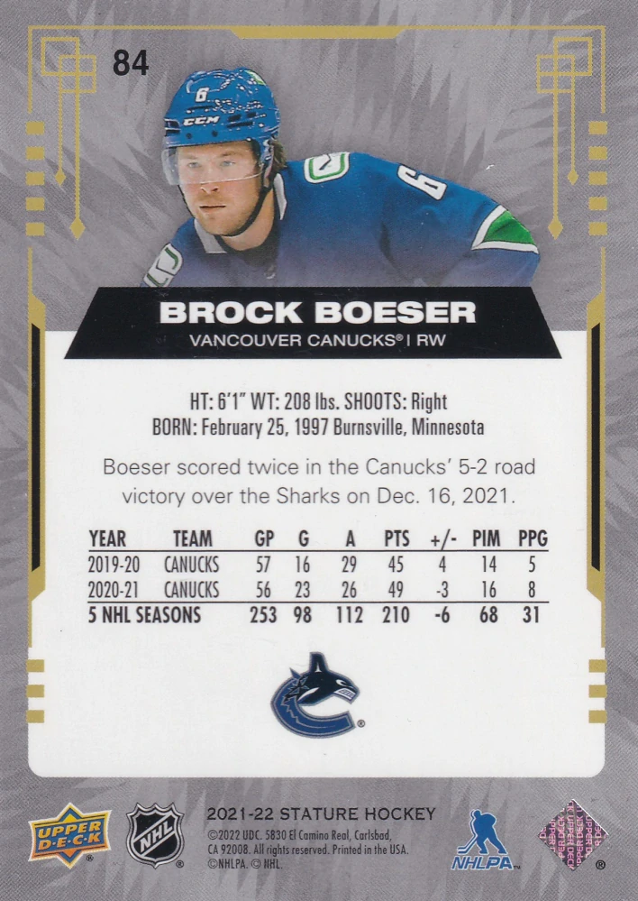 2021-22 UD Stature - Brock Boeser - Green /149 #84