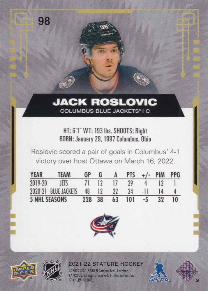 2021-22 UD Stature - Jack Roslovic - Green /149 #98