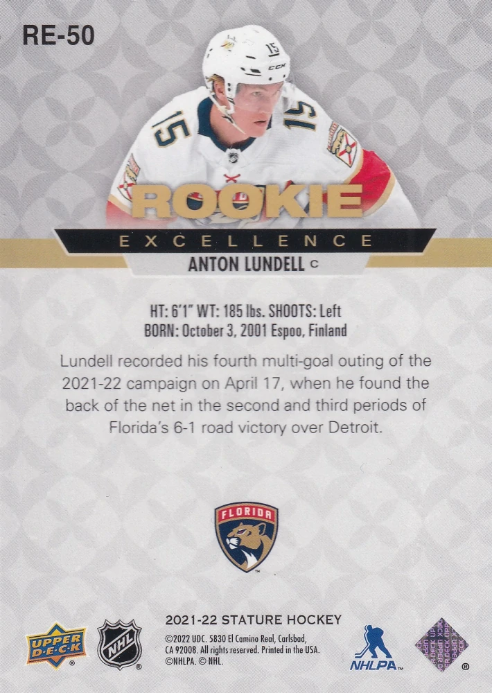 2021-22 UD Stature - Anton Lundell - Rookie Excellence Green /125 #RE-50