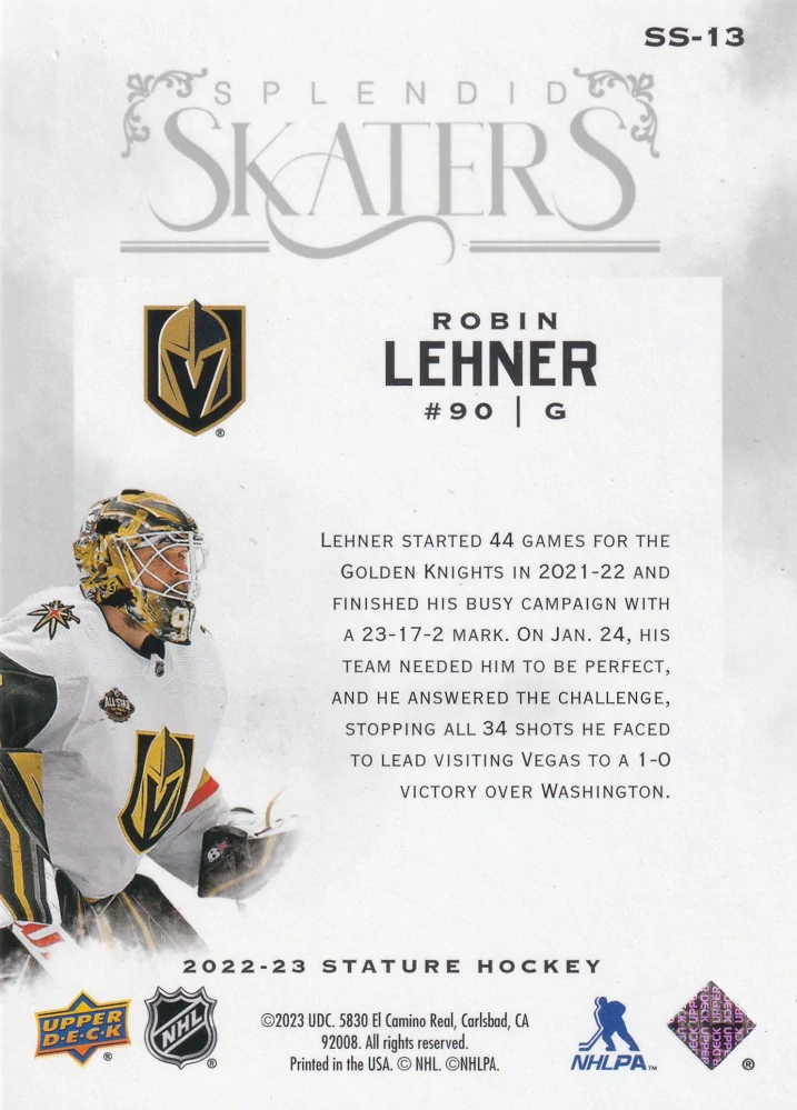2022-23 UD Stature - Robin Lehner - Splendid Skaters #SS-13