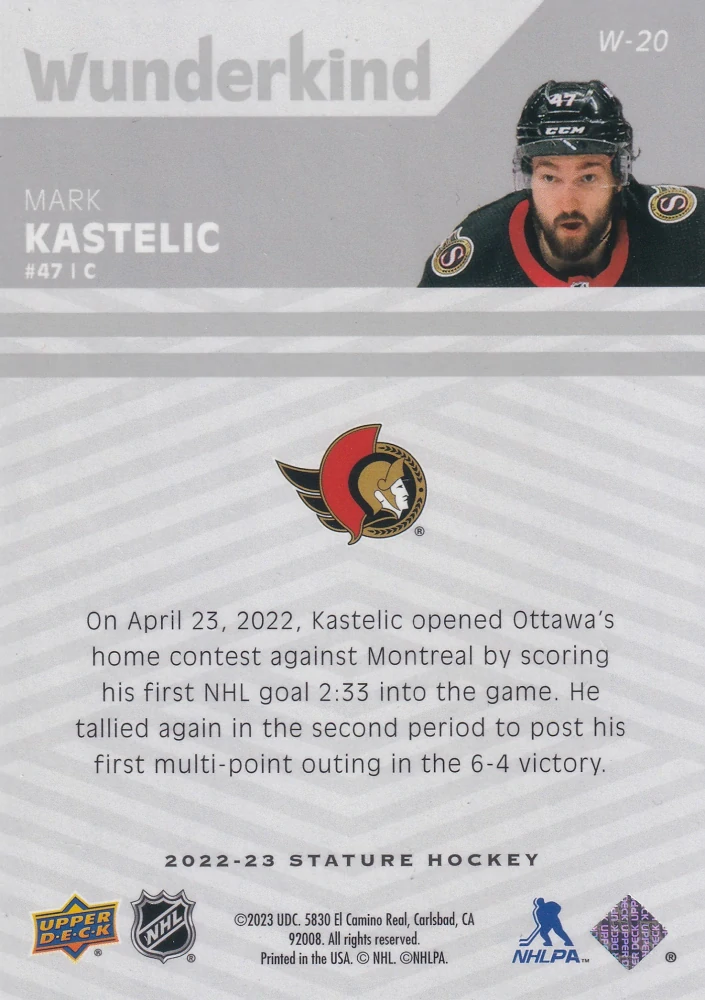 2022-23 UD Stature - Mark Kastelic - Wunderkind #W-20