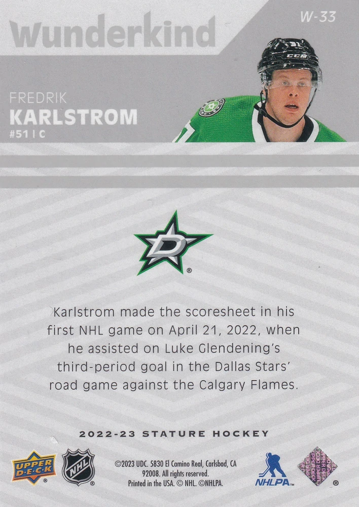 2022-23 UD Stature - Fredrik Karlstrom - Wunderkind #W-33