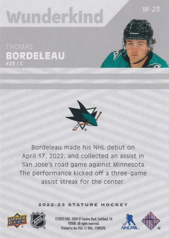 2022-23 UD Stature - Thomas Bordeleau - Wunderkind #W-23