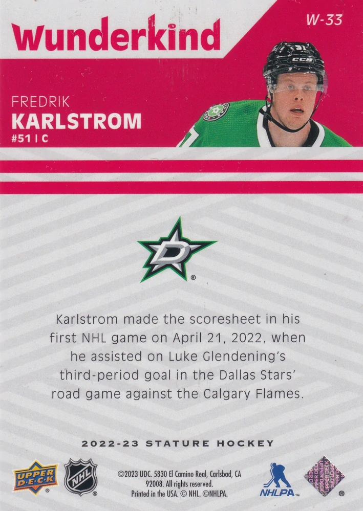 2022-23 UD Stature - Fredrik Karlstrom - Wunderkind Red /75 #W-33