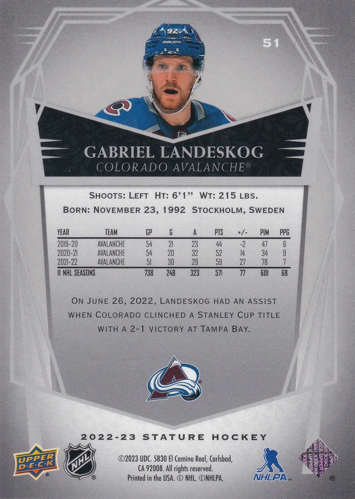 2022-23 UD Stature - Gabriel Landeskog - Design Variant /65 #51