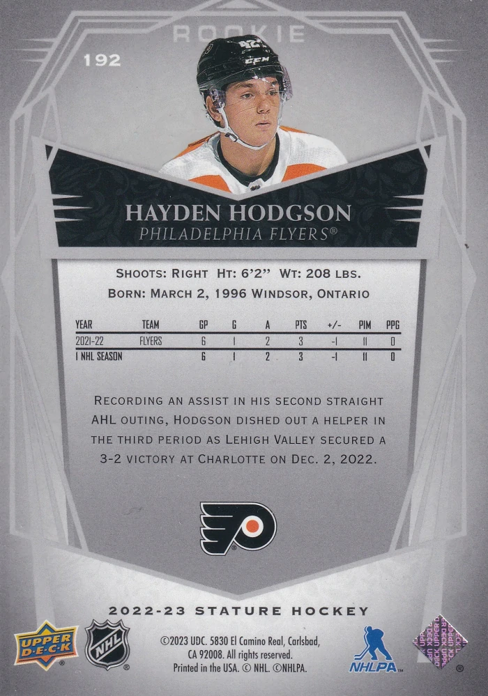 2022-23 UD Stature - Hayden Hodgson - Rookie Design Variant /65 #192