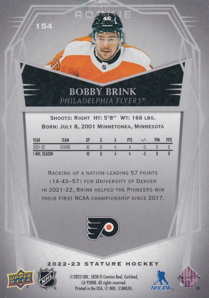 2022-23 UD Stature - Bobby Brink - Rookie Design Variant /65 #154