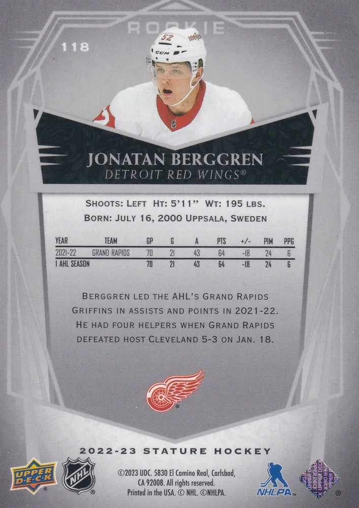 2022-23 UD Stature - Jonathan Berggren - Rookie Design Variant /65 #118
