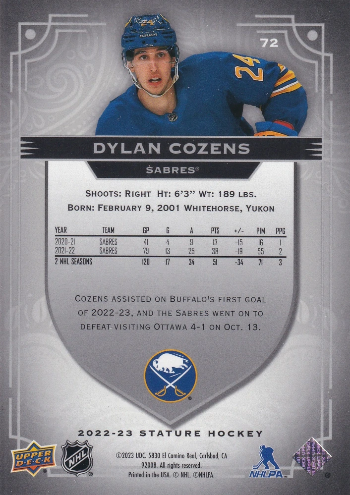 2022-23 UD Stature - Dylan Cozens #72