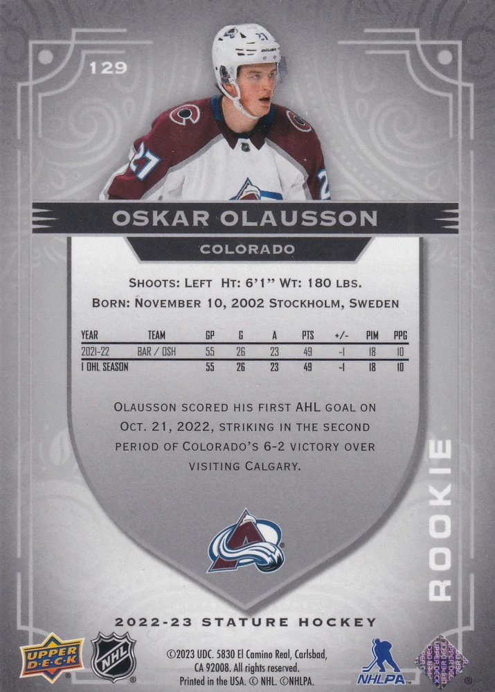 2022-23 UD Stature - Oskar Olausson - Rookie /399 #129